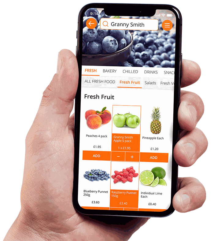 The Beelivery app showing fresh fruit with add-to-basket buttons