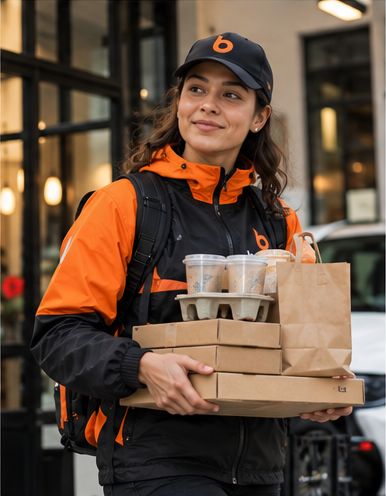 Beelivery driver carrying drinks and takeaway boxes