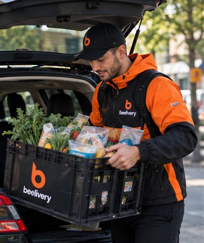 Beelivery driver unloading a crate of groceries from a car